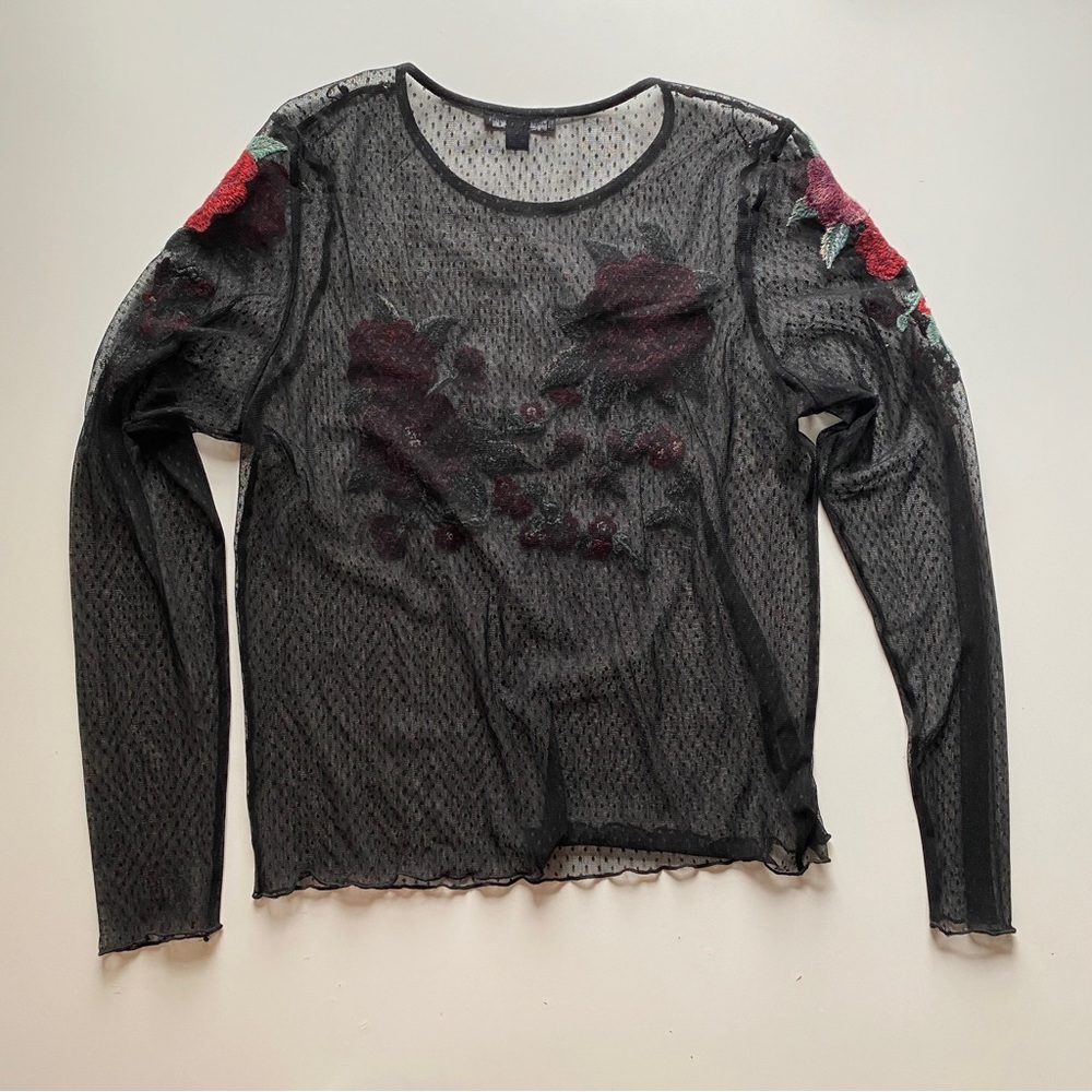 American Eagle mesh long sleeve black top with floral embroidery size Large - Picture 2 of 4